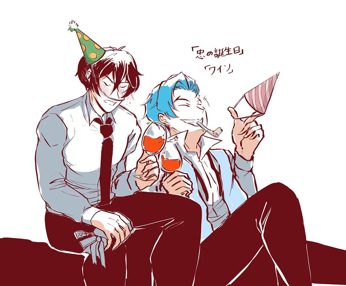 A drunk Tadashi sits with wine glass in hand while toasting a lounging Ainosuke. Tadashi is clutching a gift in his other hand, and a birthday hat sits on his head. The elastic is under his nose instead of his chin. Ainosuke is laughing at all this while playing with the elastic of another hat. 