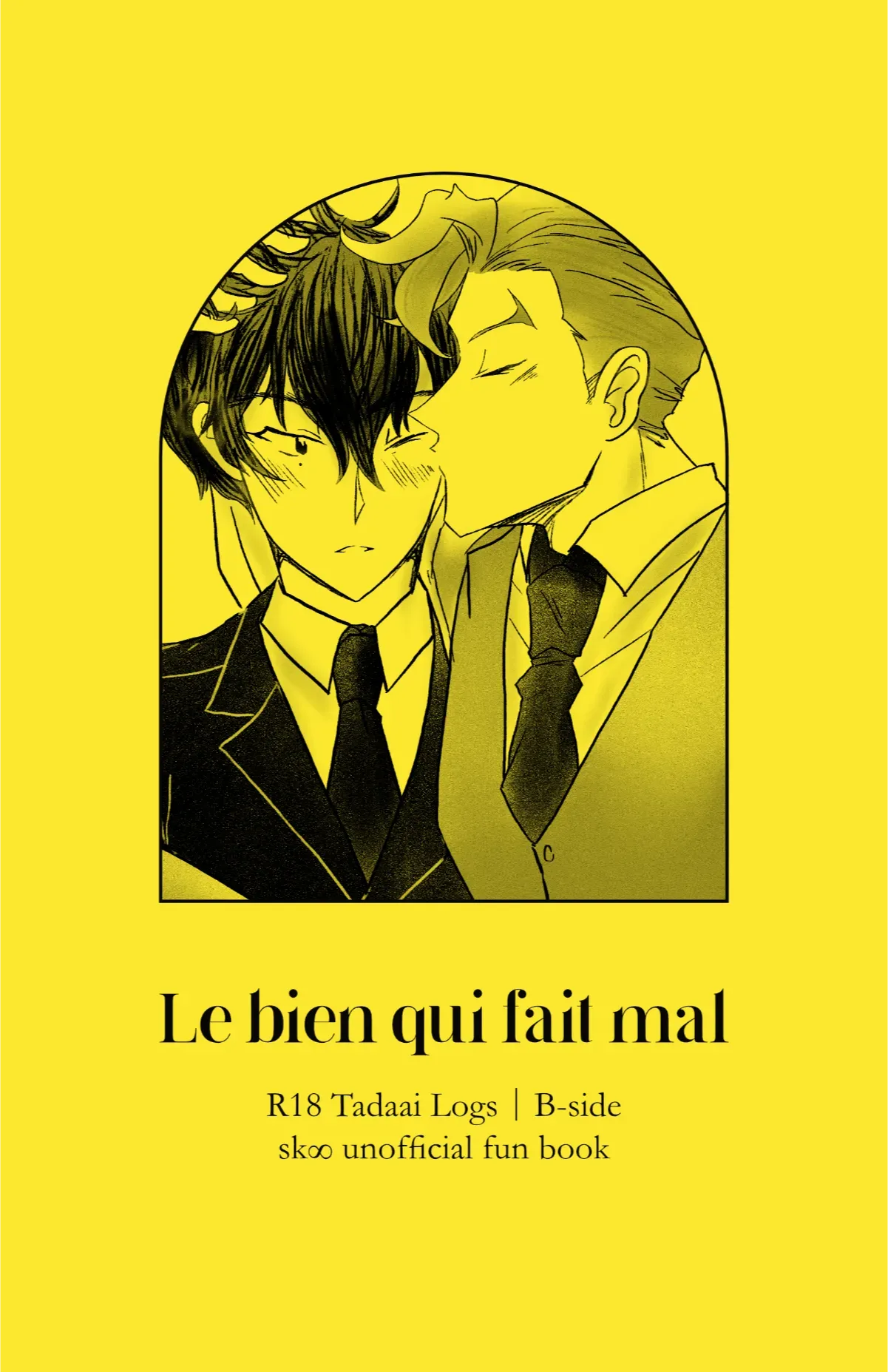 Le bien qui fait mal :: R18 TadaAi logs zine cover featuring Ainosuke gives a blushing Tadashi a kiss on the cheek