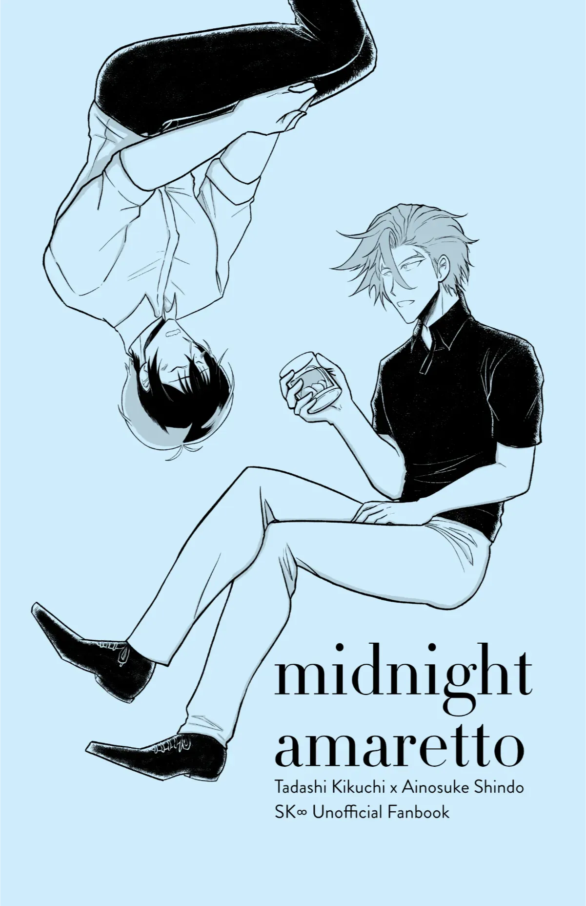 Midnight amaretto Tadashi Kikuchi x Ainosuke Shindo SK8 Unofficial Fanbook zine cover featuring Ainosuke drinking from a whiskey glass while Tadashi looks embarrassed