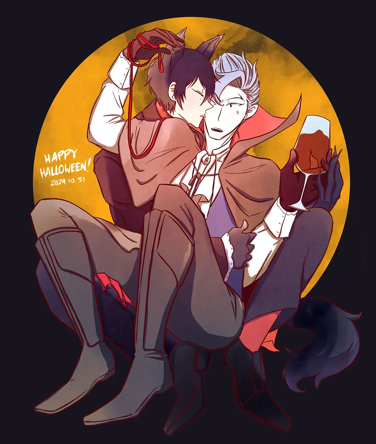 Happy Halloween 2024.10.31 Werewolf Tadash and vampire Ainosuke are hugging while sitting. Tadashi sits behind Ainosuke and is licking Ainosuke&#x27;s face. Ainosuke holds a leash attached to Tadashi&#x27;s neck as well as a glass of wine.