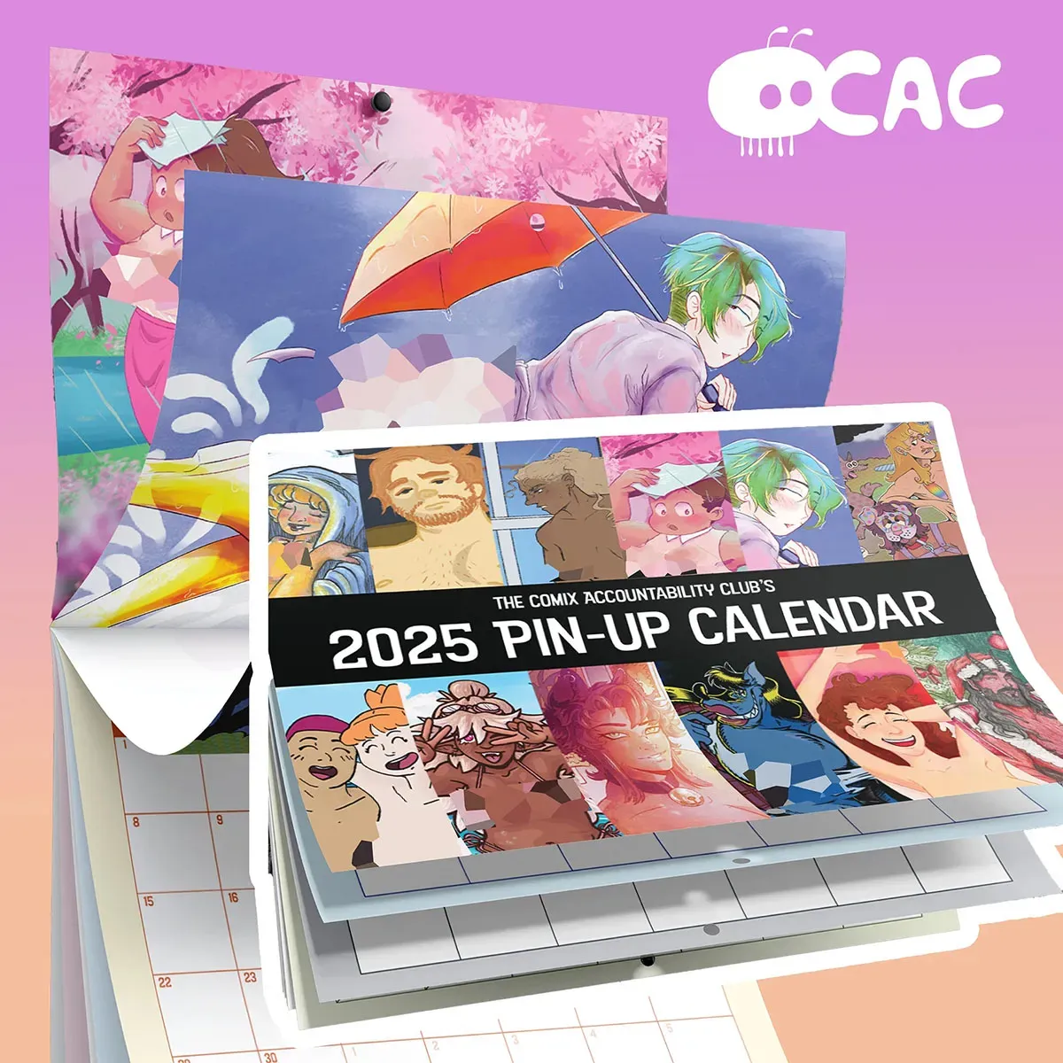 Mockup of the calendar, with previews of the 12 artist&#x27;s work on the cover and a flipthrough.