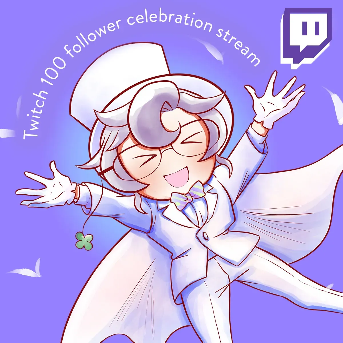 Twitch 100 follower celebration stream graphic featuring the vtuber phantom thief Kai in a white tuxedo, top hat, and cape with a happy face