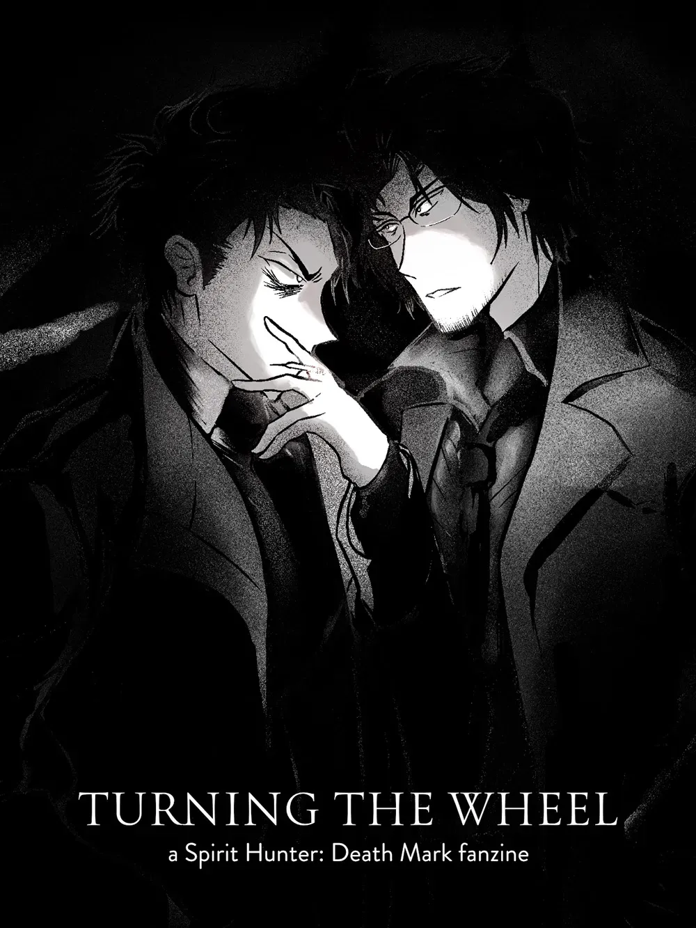 Turning the Wheel A Spirit Hunter: Death Mark fanzine cover featuring Mashita and Yashiki standing in a dark room while Mashita smokes a cigarette.