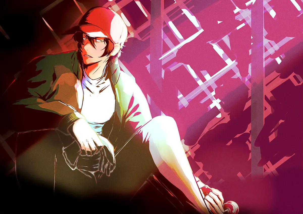 Tadashi dressed as Snake from the anime Sk8 the Infinity sits on the ground while holding a glove in one hand. He is looking off to the side while a bright spotlight shines down on him, leaving him half illuminated in bright light and shadows.