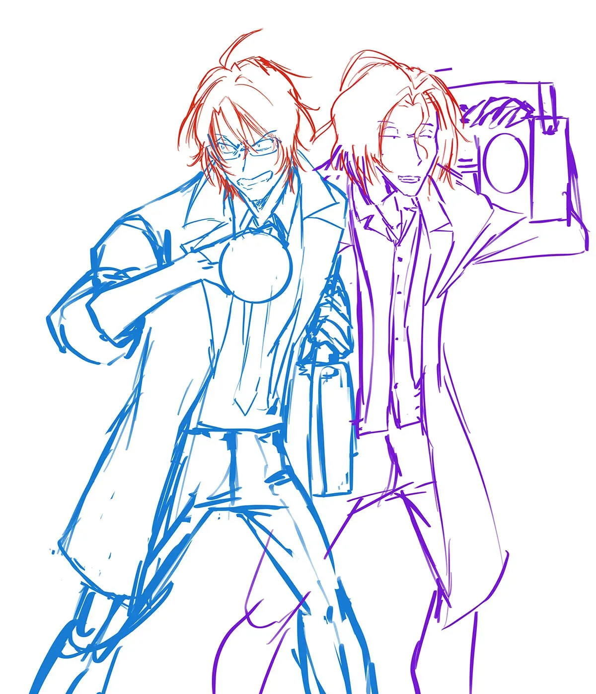 Yashiki and Daimon from Spirit Hunter Death Mark are walking around. Yashiki has a angry expression on while holding up a flashlight. Daimon looks completely out of place as he holds a boombox on his shoulder.