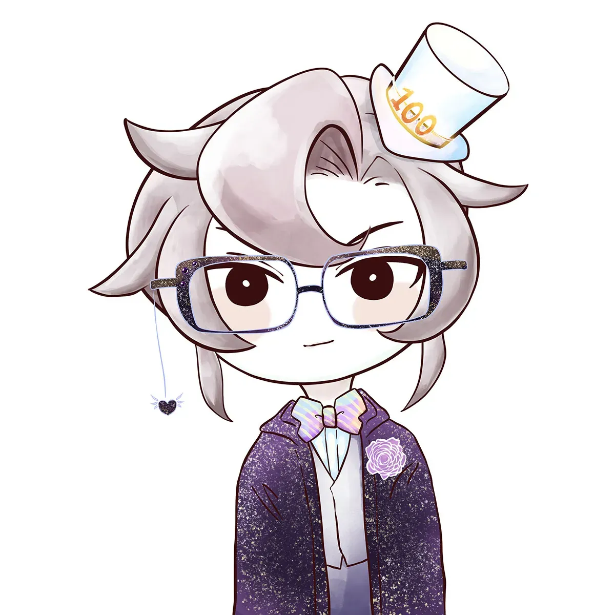 The Vtuber Kai is dressed in a shiny purple outfit with glittery glasses and a shiny speckled hoodie. A shining 100 decoration is visible on their tophat.