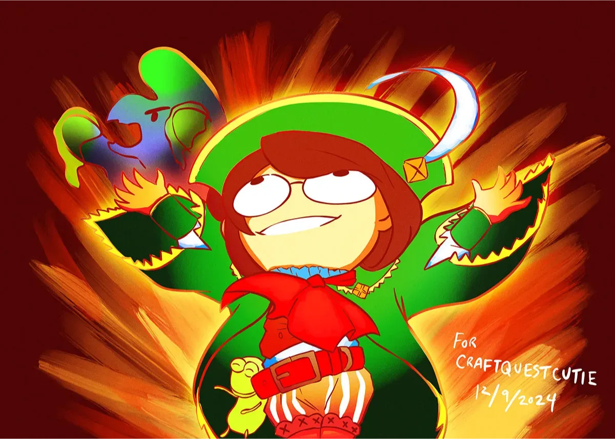 For CraftQuestCutie 12/9/2024 A chaotic Guildmarm from the game Monster Hunter 4 Ultimate has her hands raised as an explosion goes off behind her. Brachydios is punching things with green goo on its hands. It&#x27;s a riff of the meme with the Elmo with fire behind it.