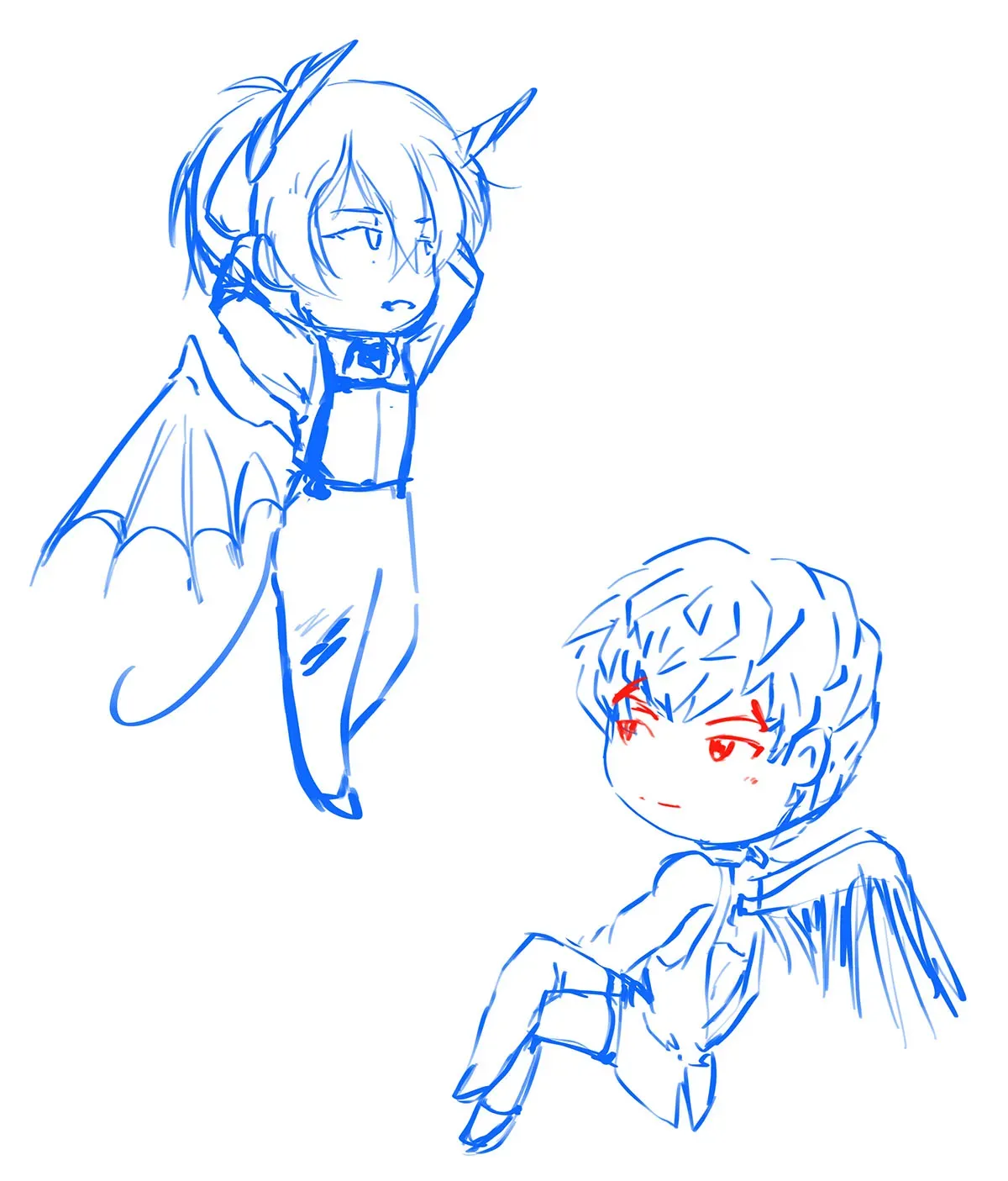 Angel and demon Ainosuke and Tadashi. Tadashi looks off the side with a harness, white shirt, wings, and tail. Ainosuke is in a halterneck shirt with an open back for his angel wings.